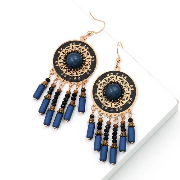 *EMERSYN* Gold x Blue Retro Round Shaped Fashion Tassel Earrings - Picture 3 of 4